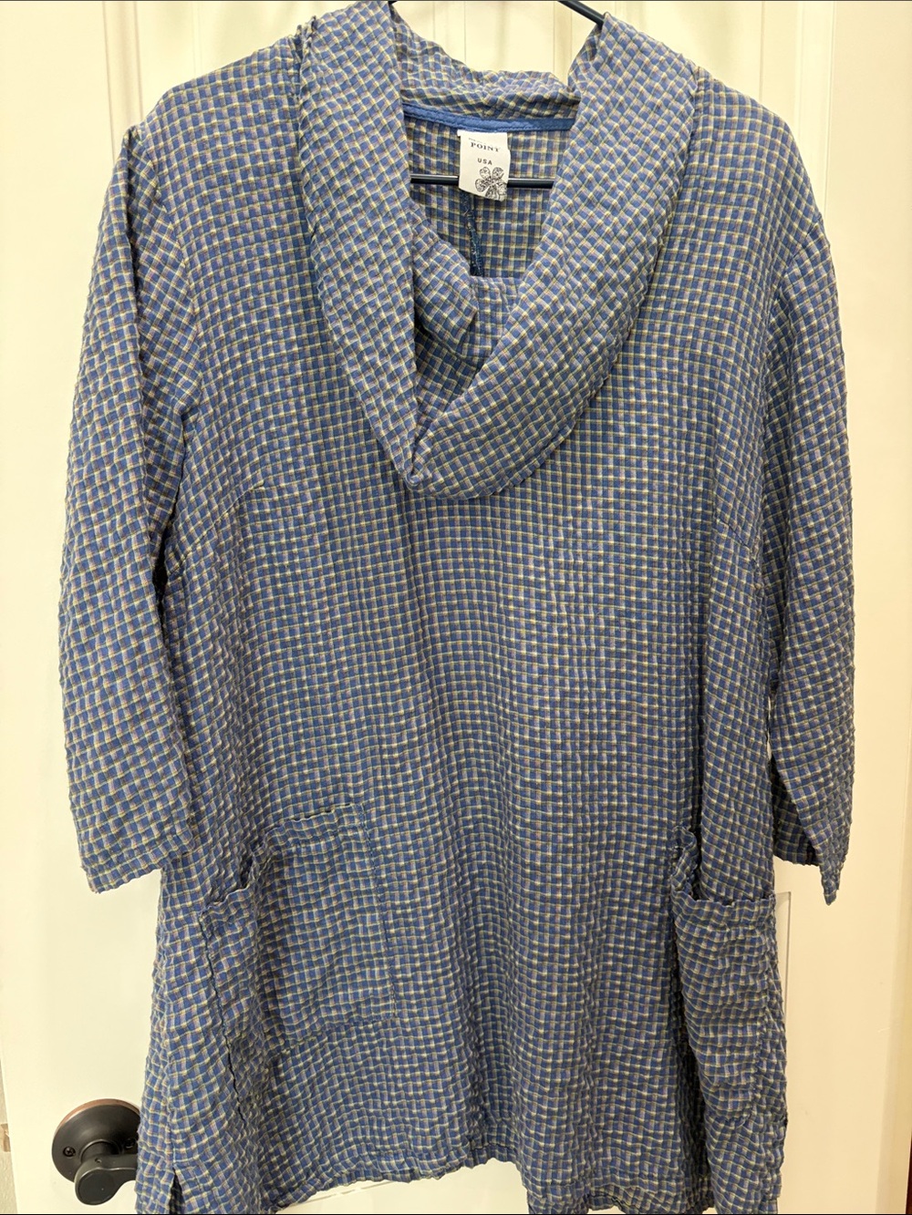 Blue Checked Cotton Tunic with Shawl Collar by Match Point